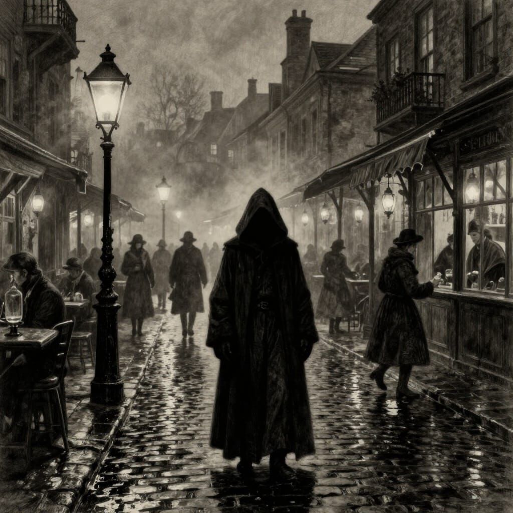 Victorian Marketplace at Dusk with Mysterious Figure