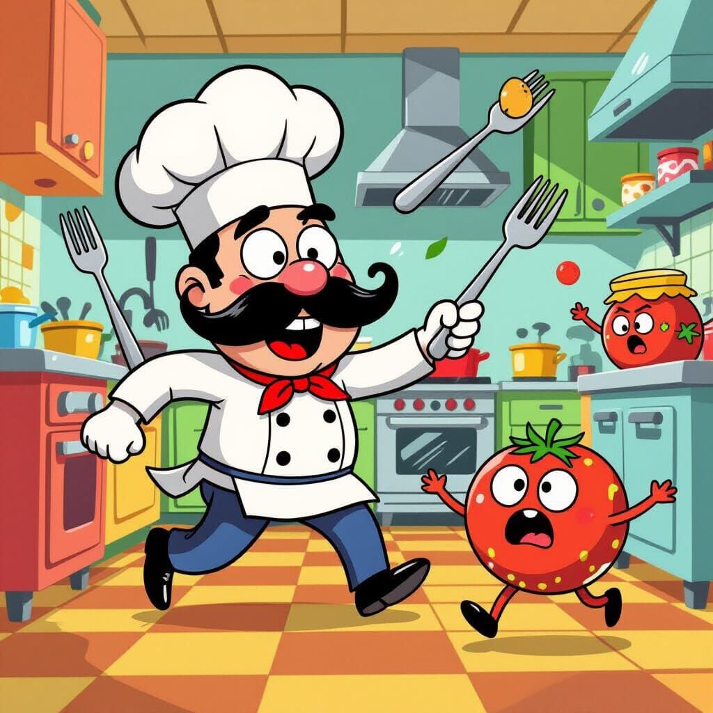Cartoon Spaghetti Chef Chasing Runaway Meatball
