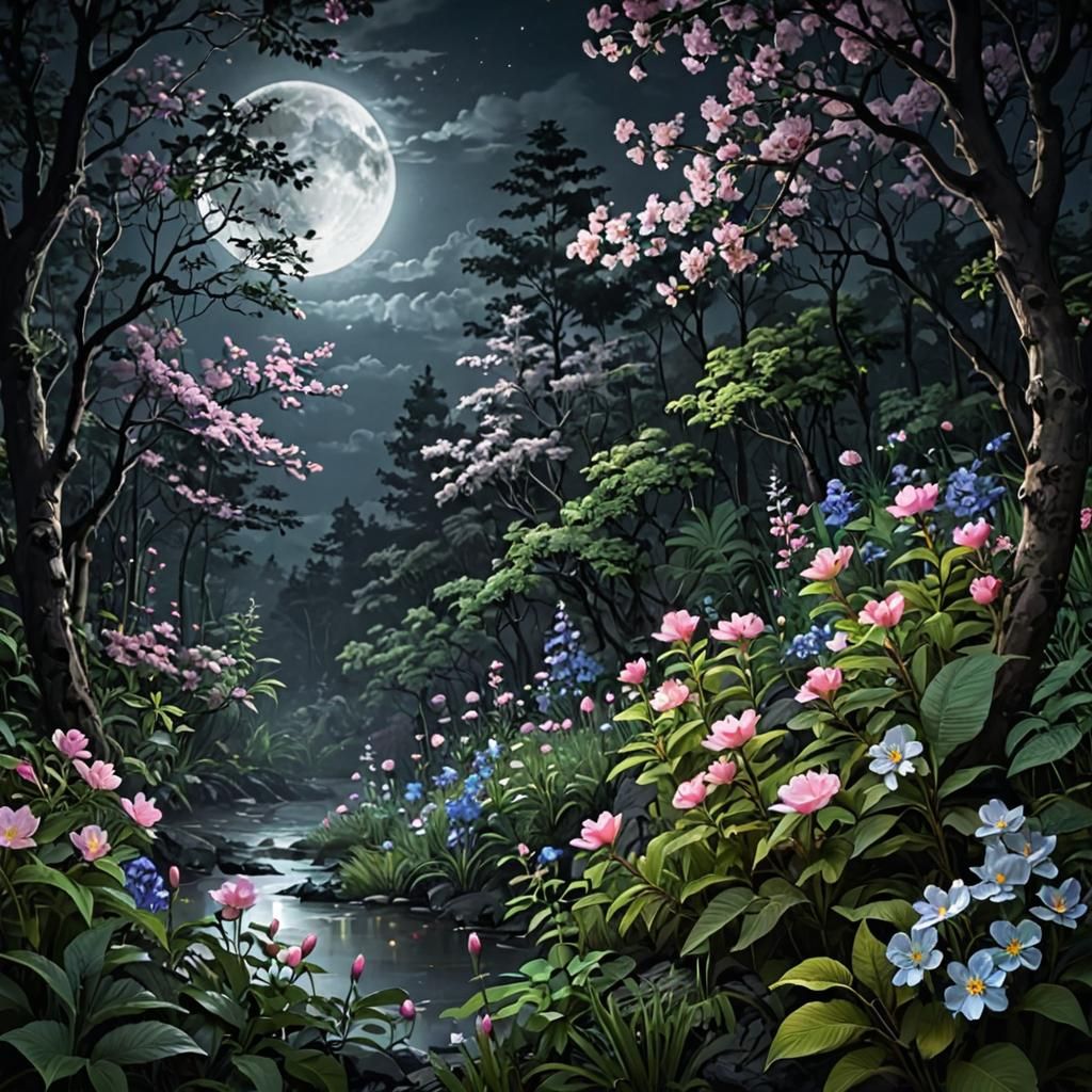 Moonlit Forest with Blooming Flowers