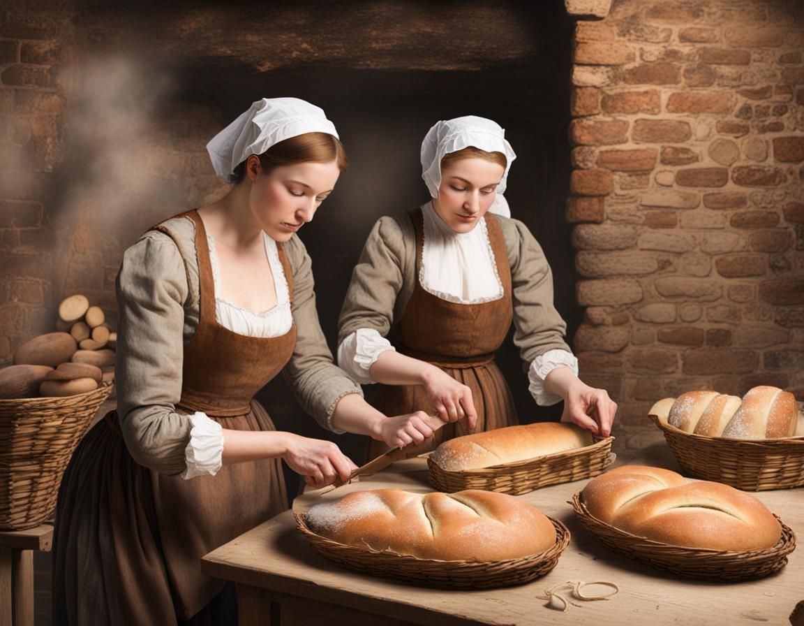 Women Baking Bread in Tudor Era, Vintage Art