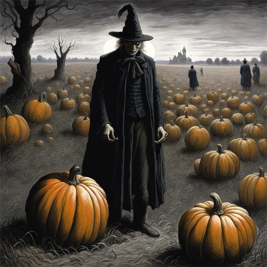 Halloween Pumpkin in Field, Dark Horror Illustration