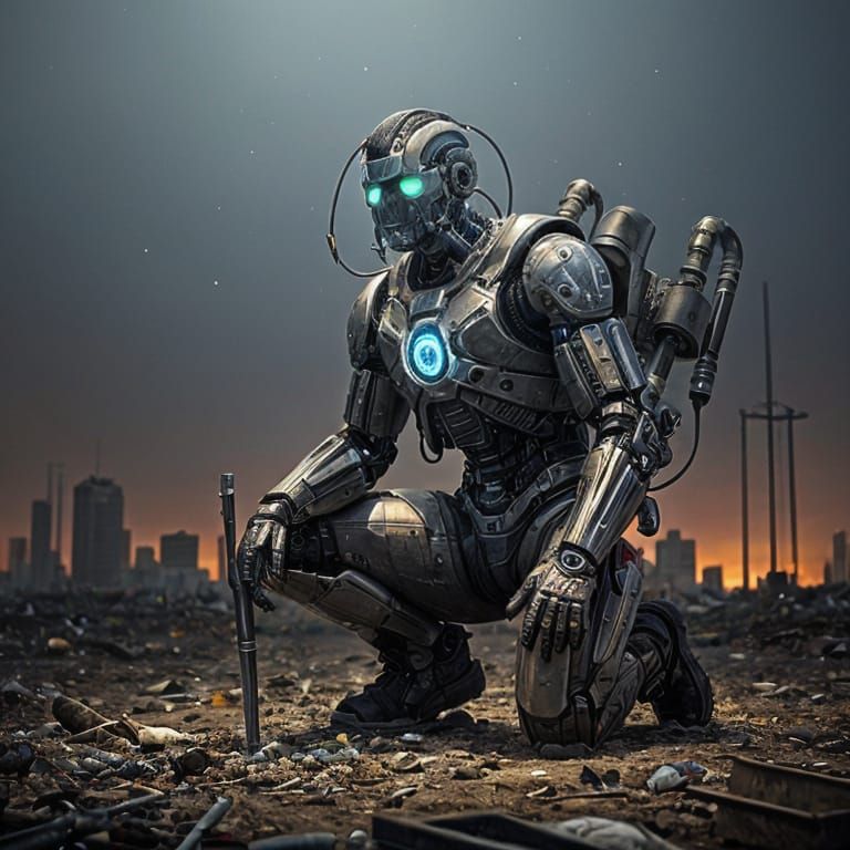 Cyborg Archaeologist Studies Abandoned Landfill
