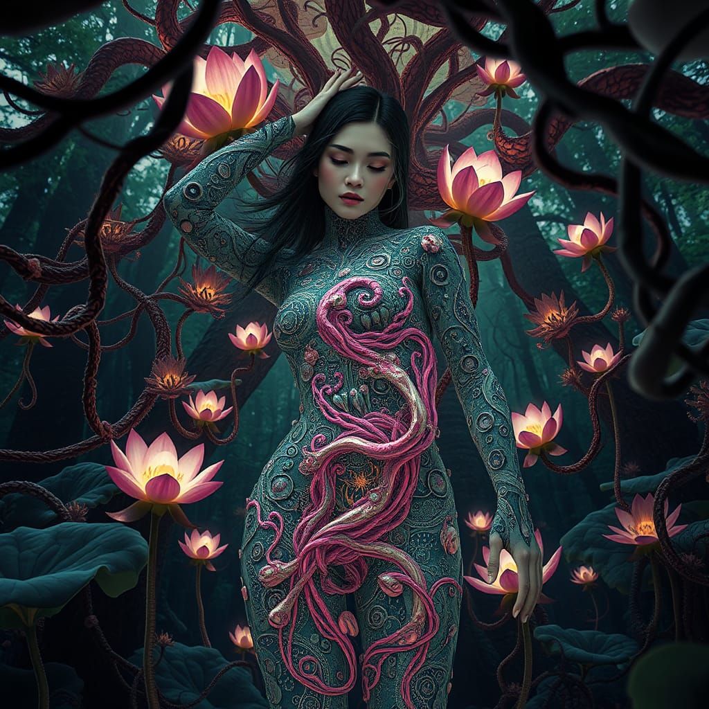 Lotus-Human Hybrid in Mycelium Network: Fashion Art