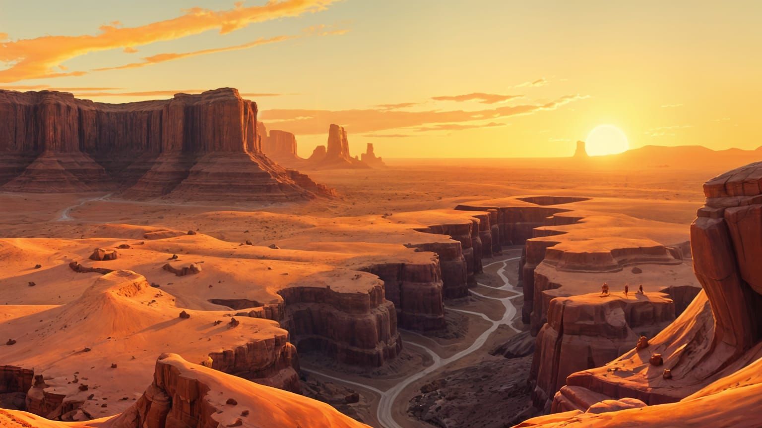 Surreal Desert Canyon at Sunset in Vibrant Splash Art Style