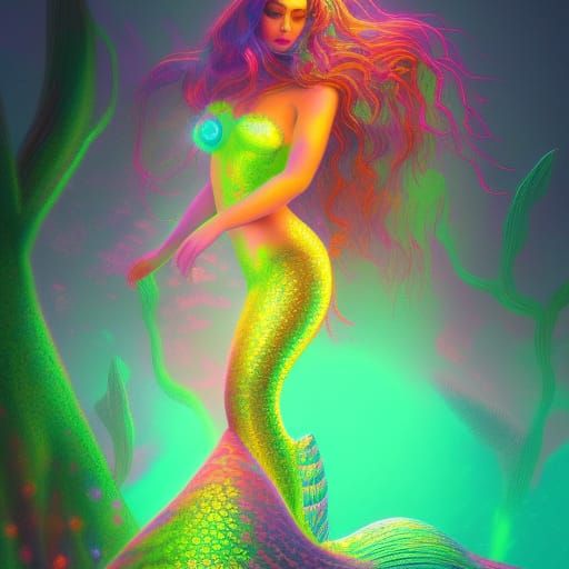 Neon Pointillist Mermaid in Detailed Digital Painting