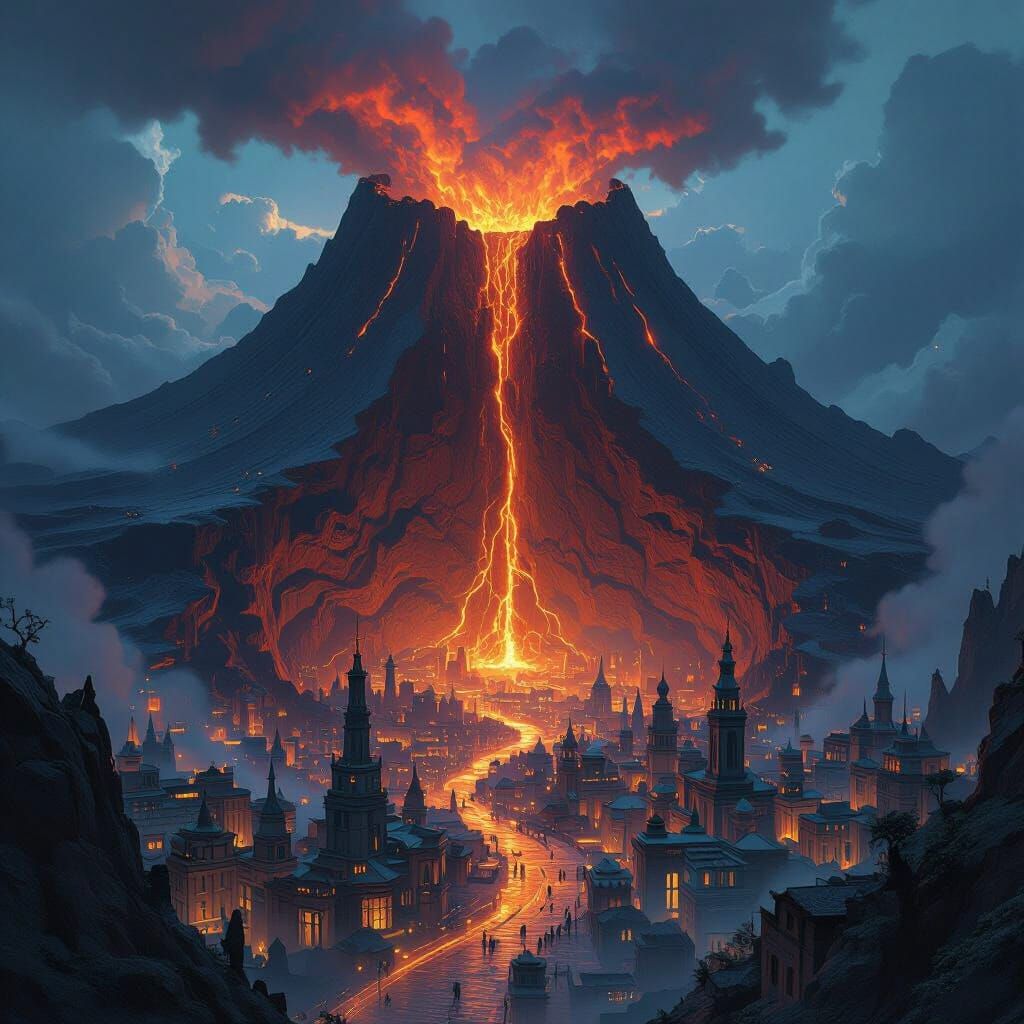 Volcanic Metropolis: A Matte Painting of Urban Life