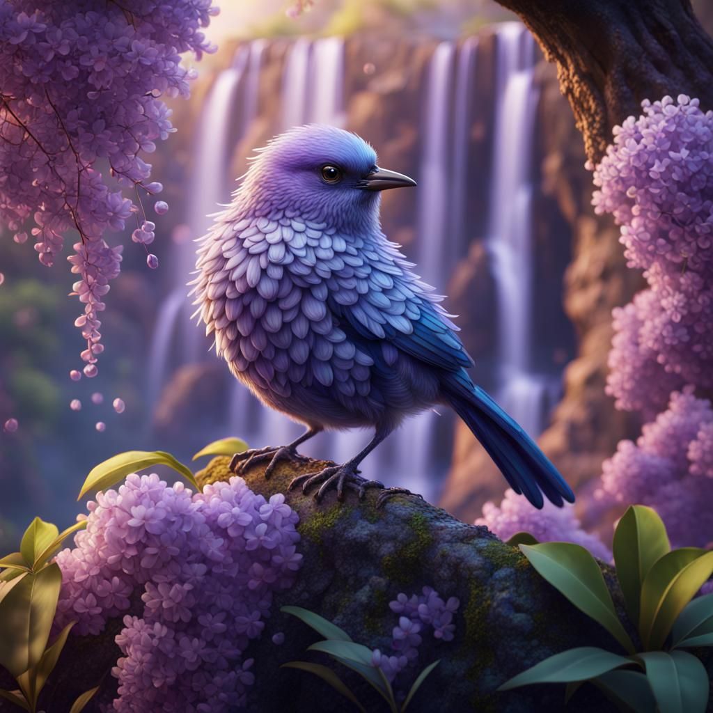 Crystallized Bird on Lilac Tree, Fantasy Art