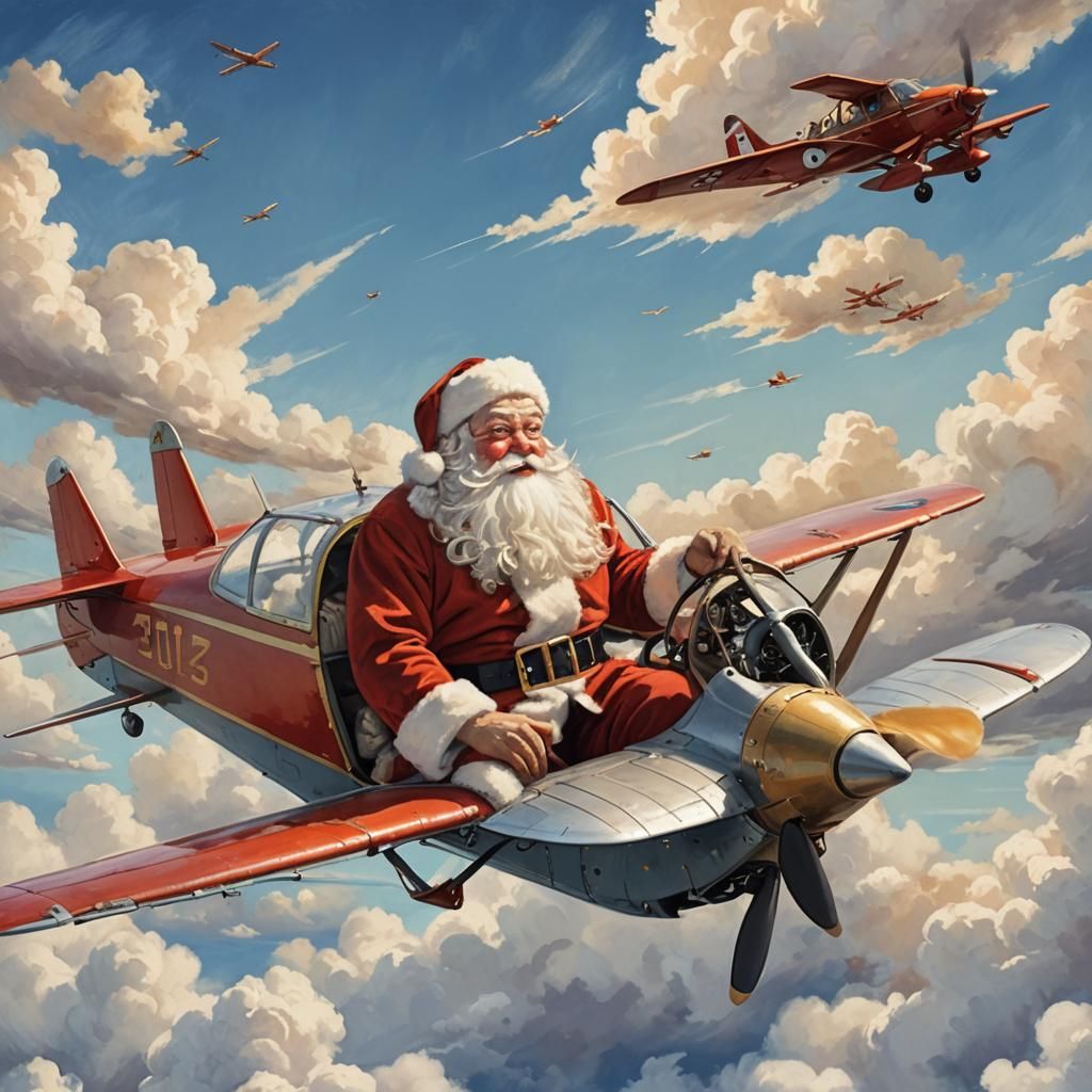 Father Christmas Flies a Piper Plane: Christmas Illustration