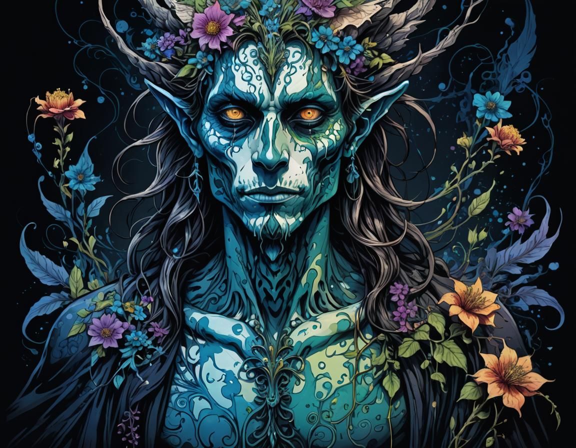 Psychedelic Ink Portrait of a Bony Fairy Monster