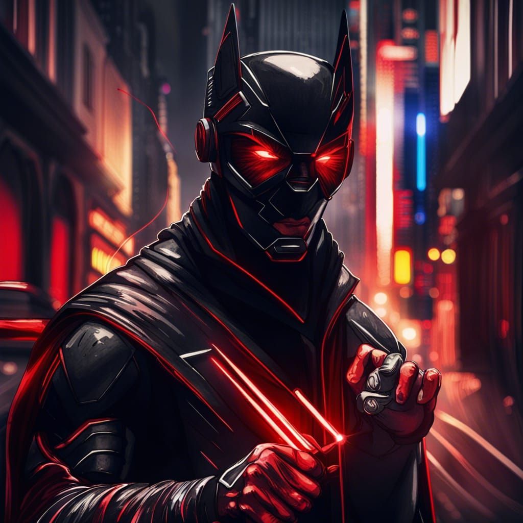 Superhero with Red Lightsaber in Modern City