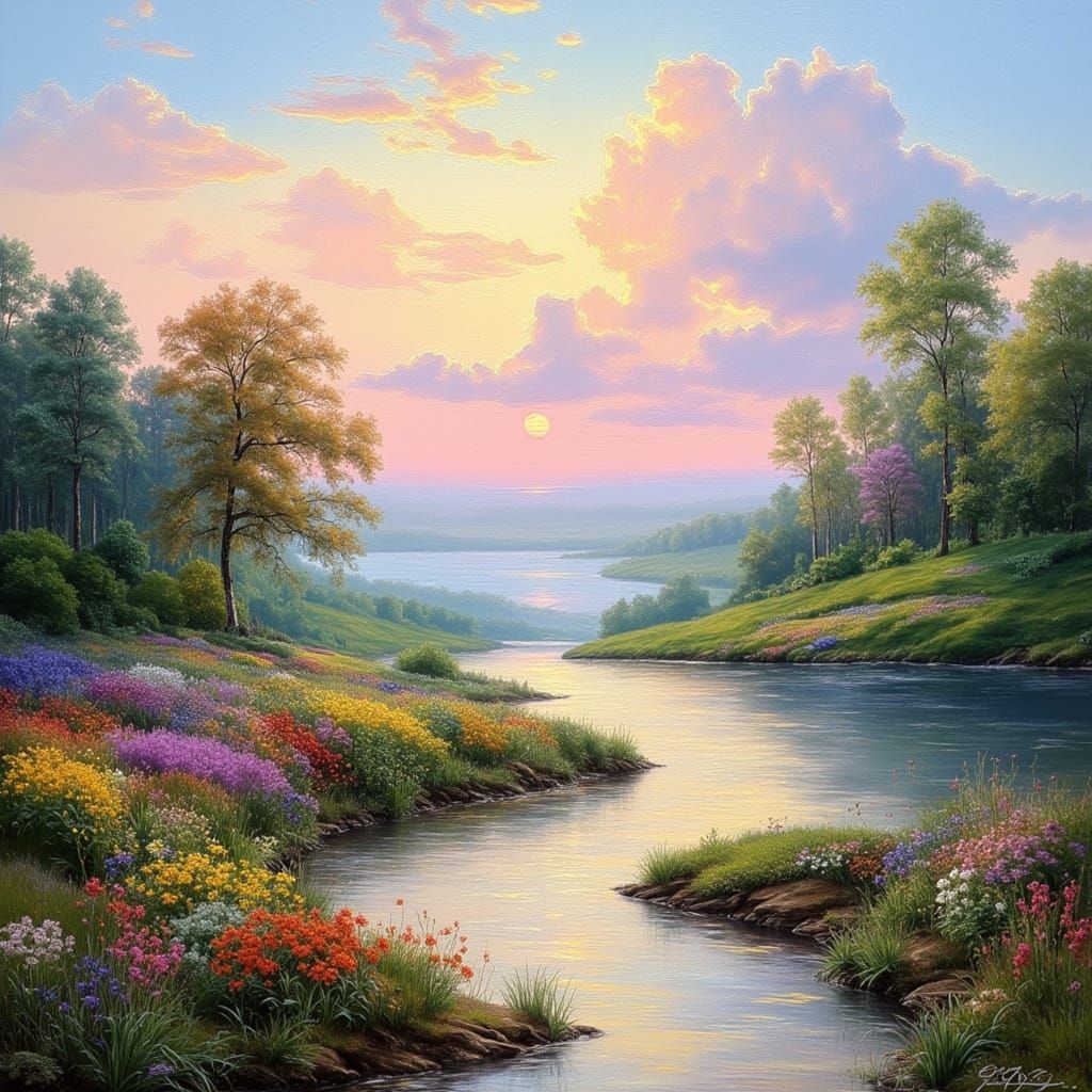 Hudson River Sunset Oil Painting