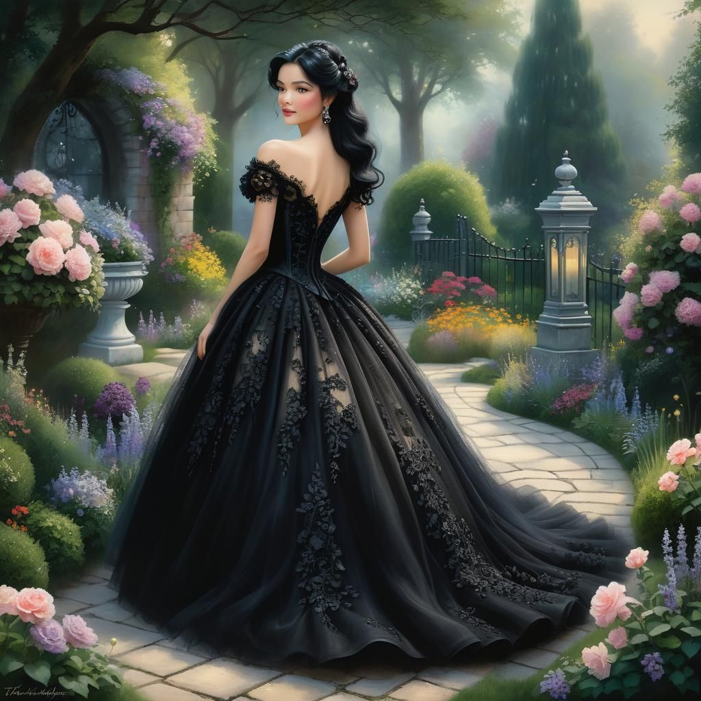 Woman in Black Gown in Ethereal Garden