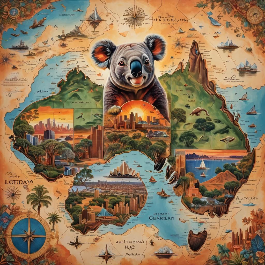 Australian Map with Koala in Oil Painting Style