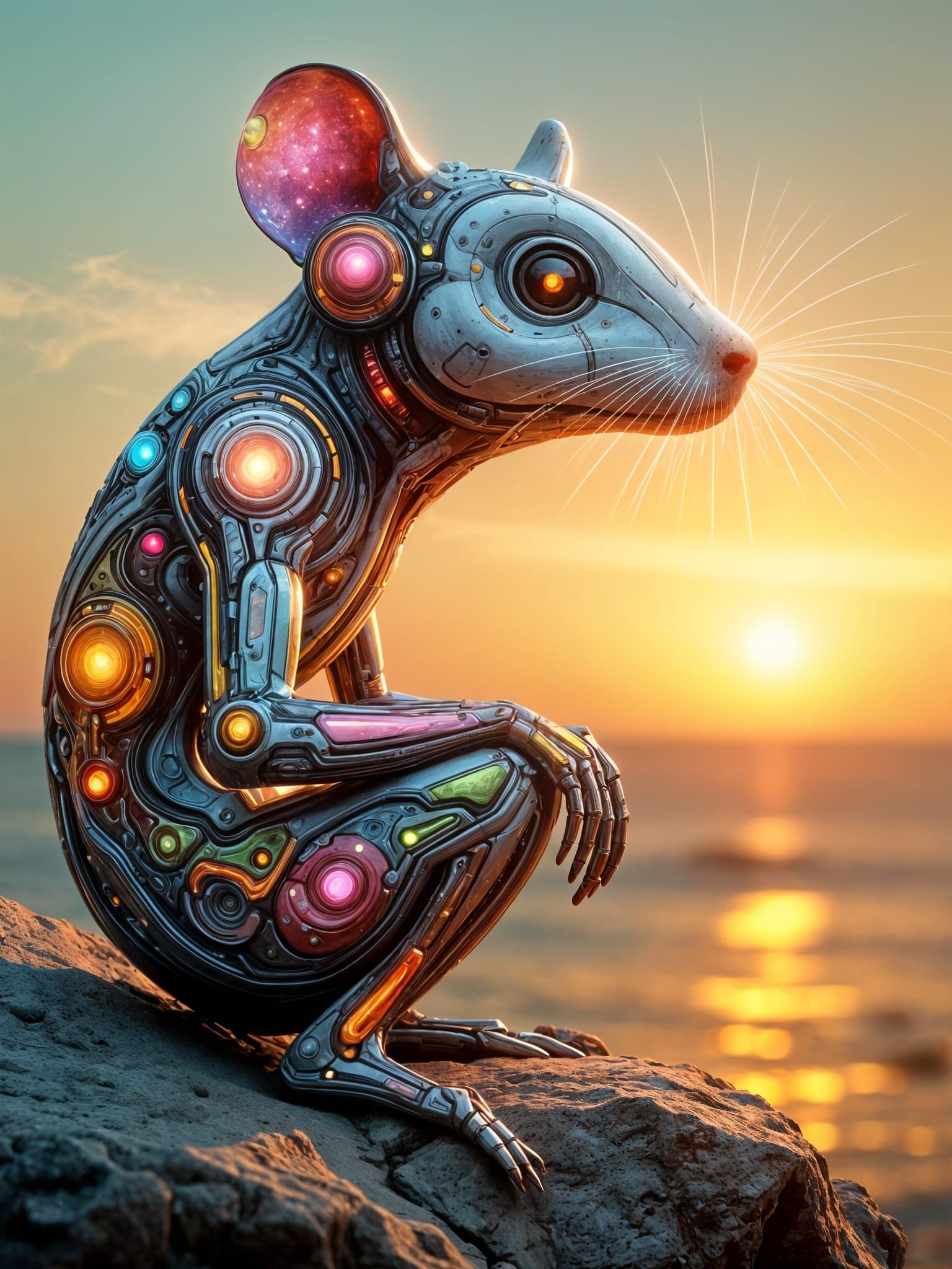 Cybernetic Rodent Contemplates Sunset in Futuristic Space Su...