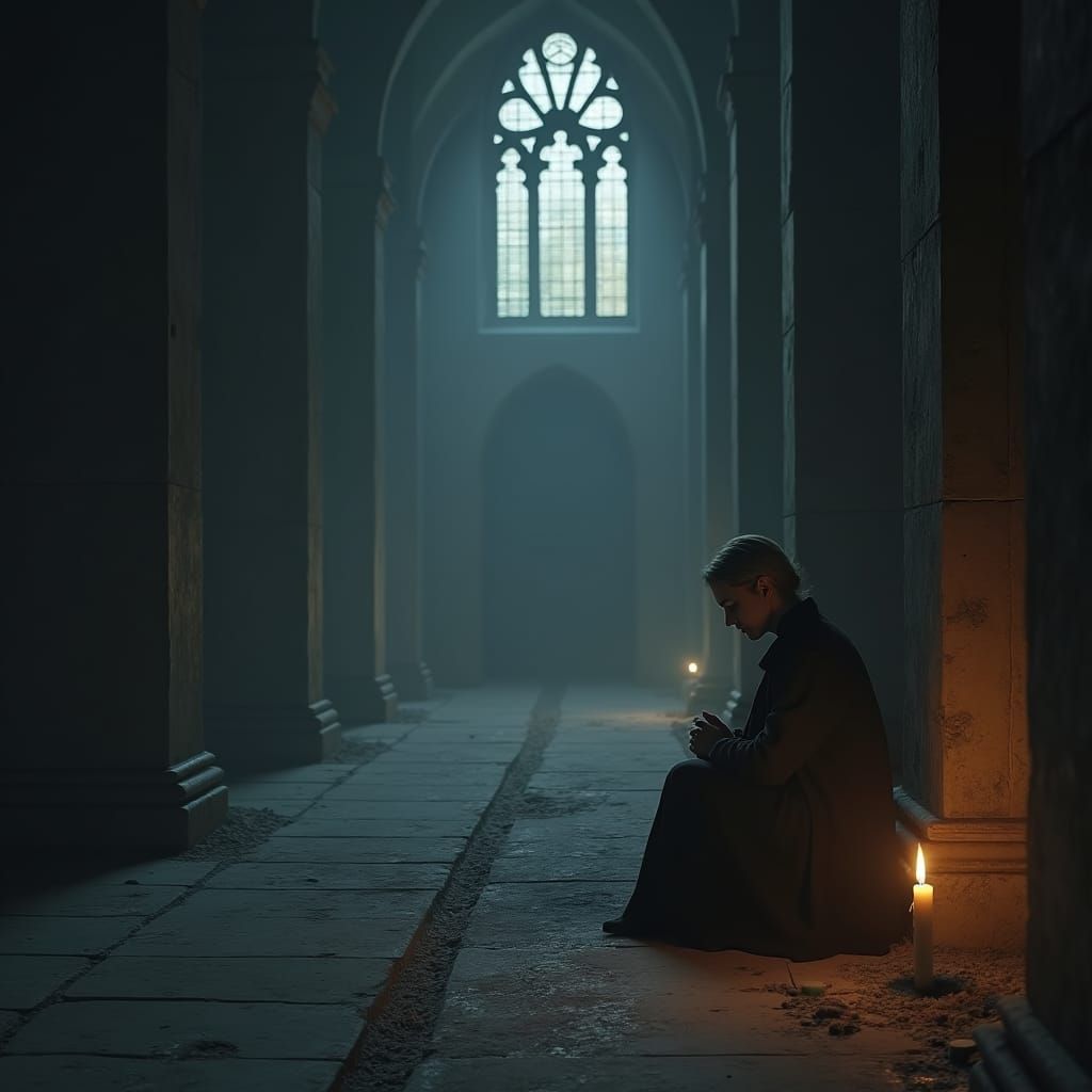 Figure in Abandoned Cathedral in Matte Painting Style