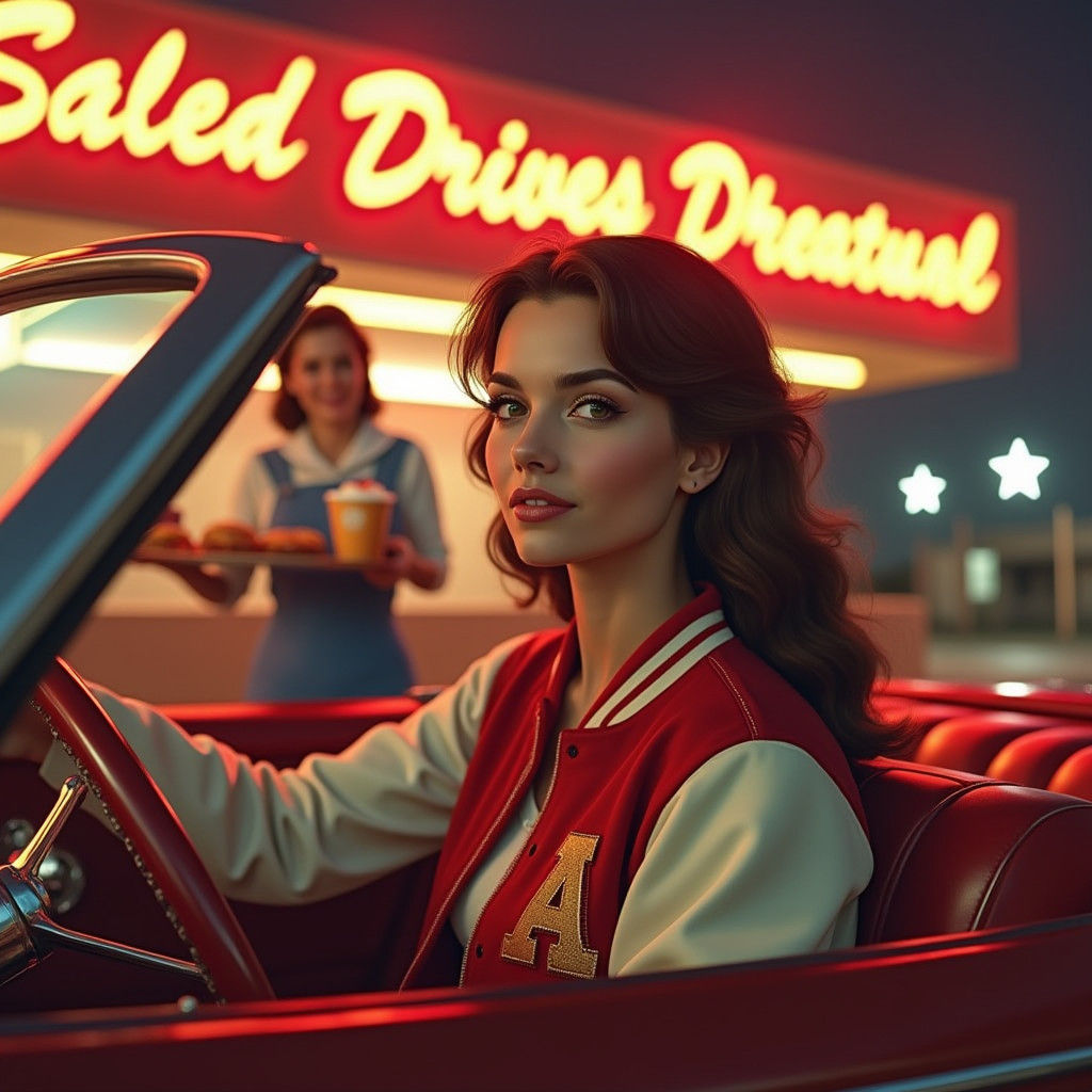 Retro 1950s Drive-In Scene with Letterman Jacket