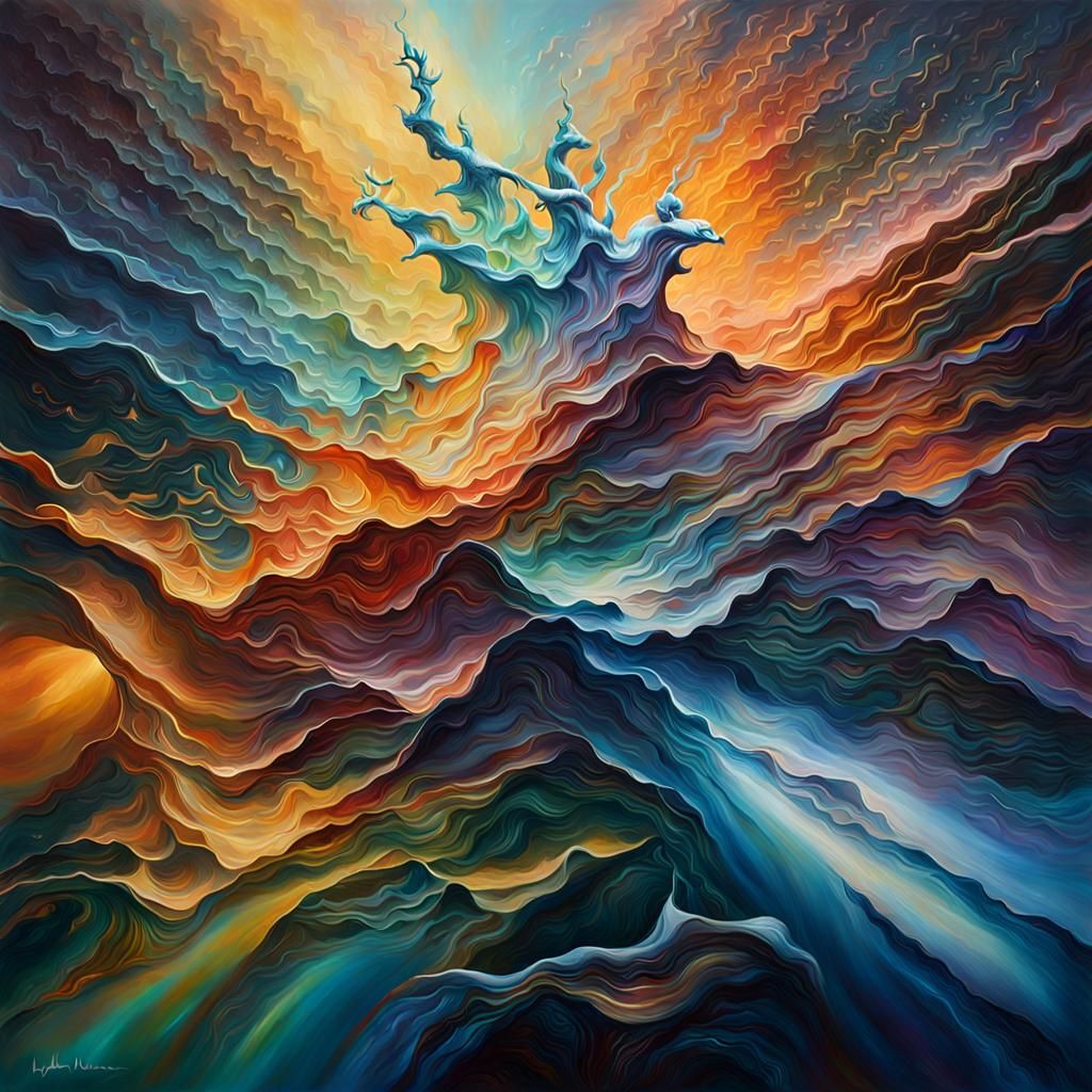 An oil painting .. lustrous hues that dance across surfaces,...