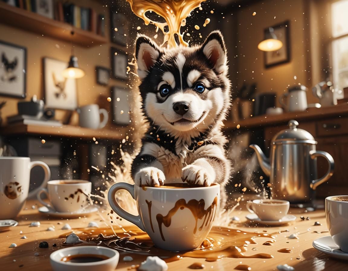 Husky Puppy's Coffee Adventure: Pixar-Style Digital Art
