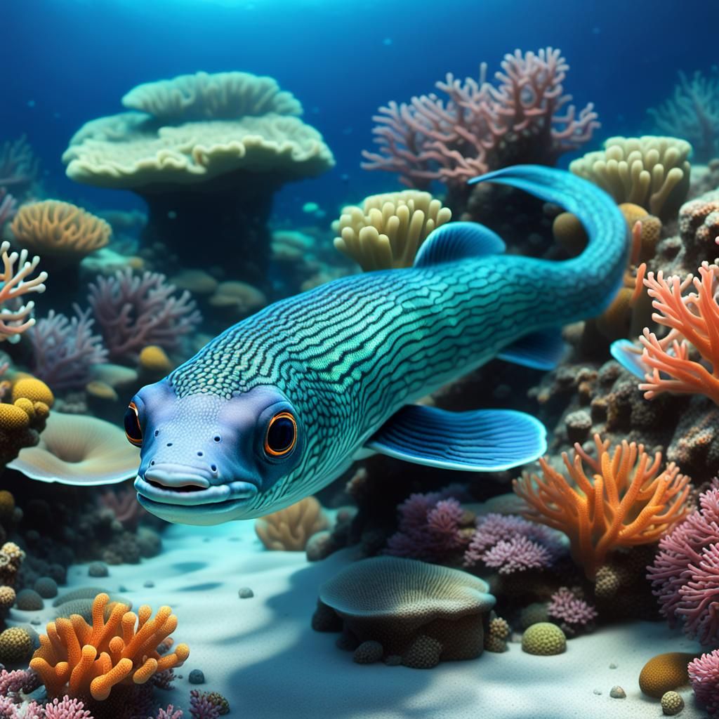 Eel Swimming in Coral Reef: Marine Biology Illustration