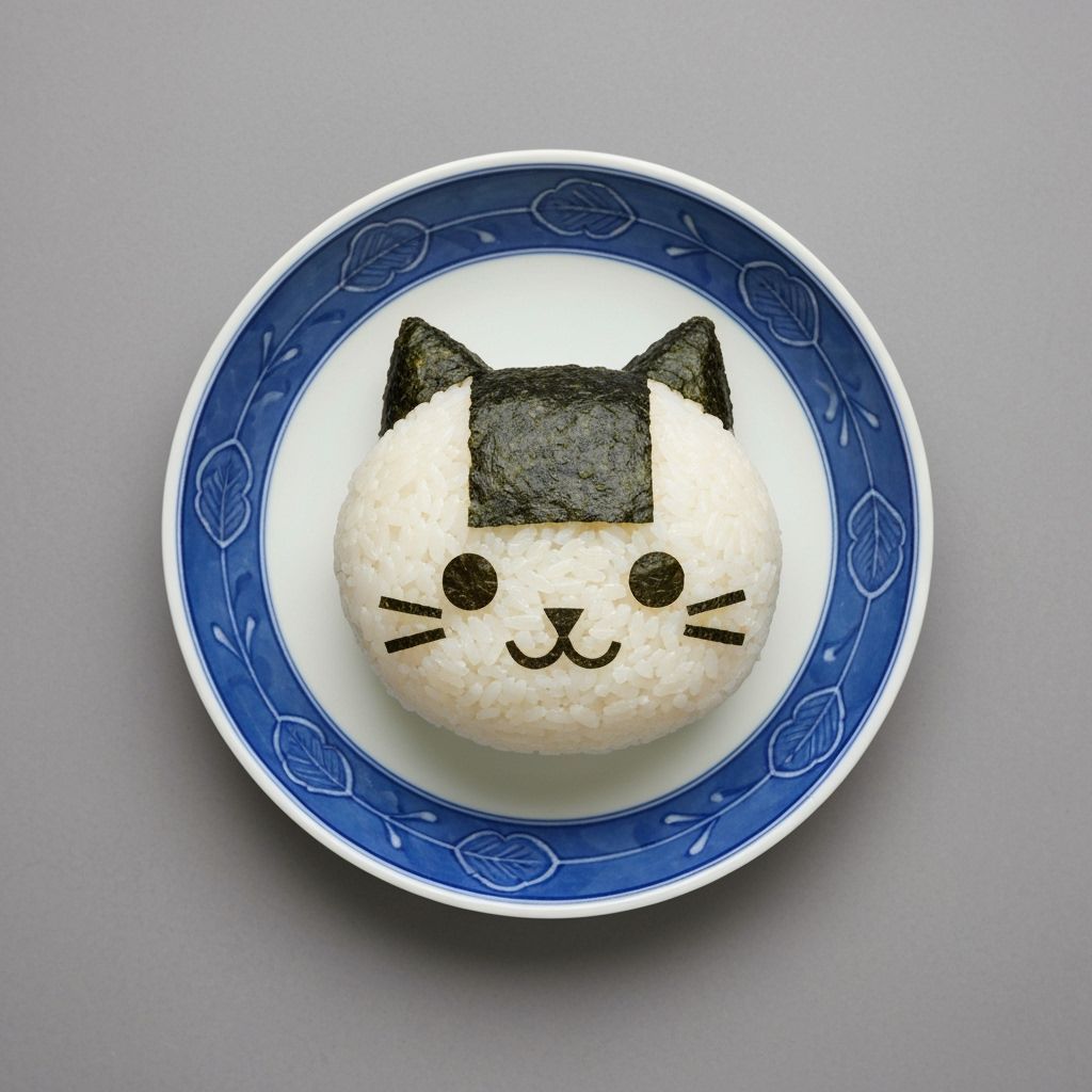 Kawaii Cat Rice Ball on Porcelain Plate