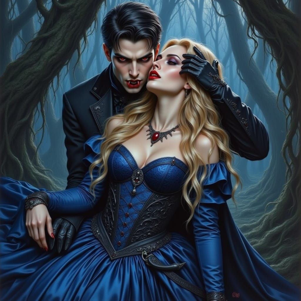 Vampire Man Bites Blonde Woman in Blue Gown, Gothic Style