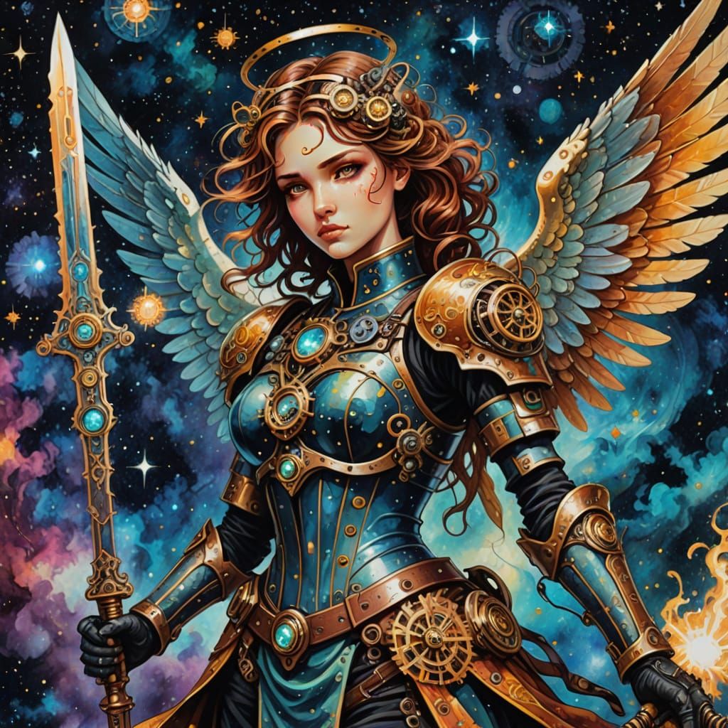 Steampunk Angel with Clockwork Armor and Sword