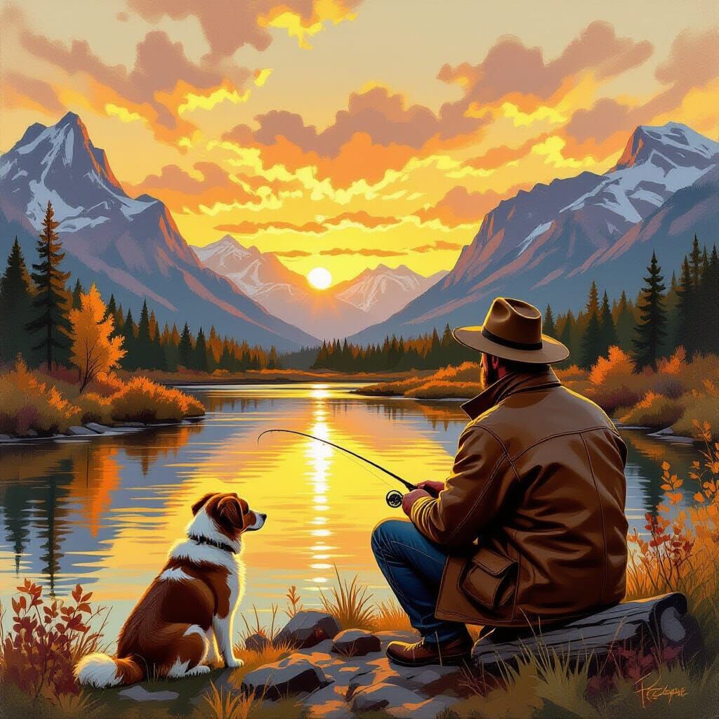 Golden Autumn Fishing Scene in Oil Painting Style