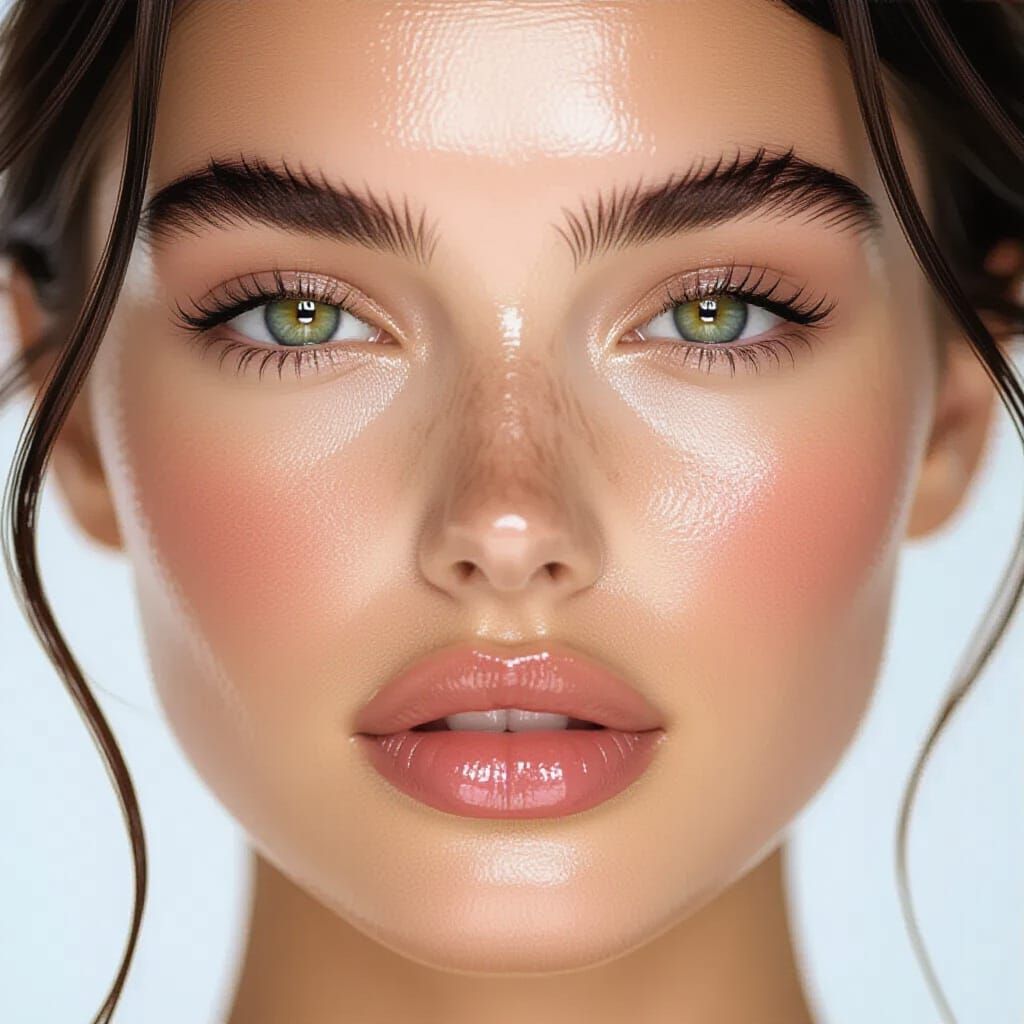 Close-Up Portrait of Woman with Dewy Skin and Intense Gaze