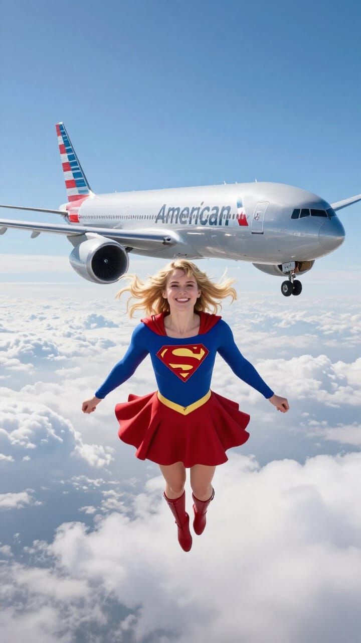 Supergirl Hovers Above Clouds Near Boeing 777