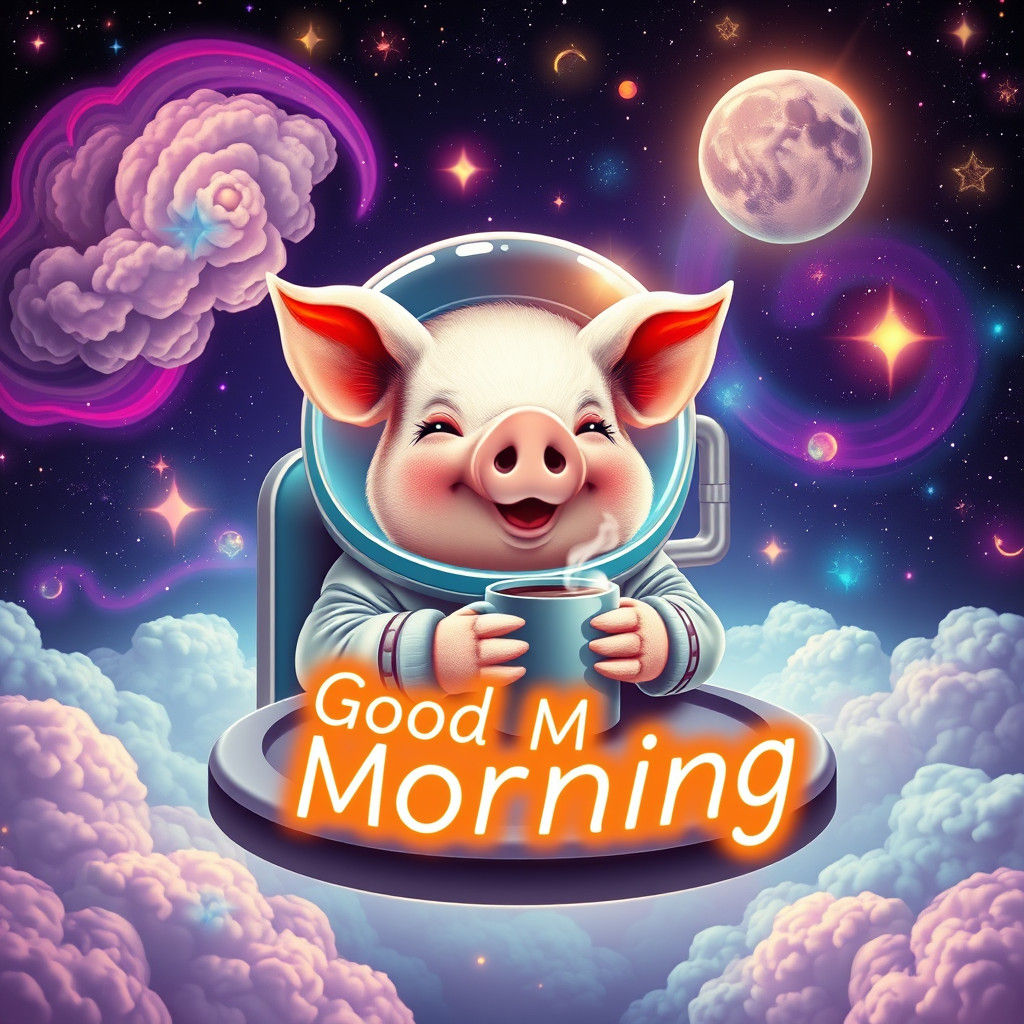 Astronaut Pig with Coffee in Space, Astral Art