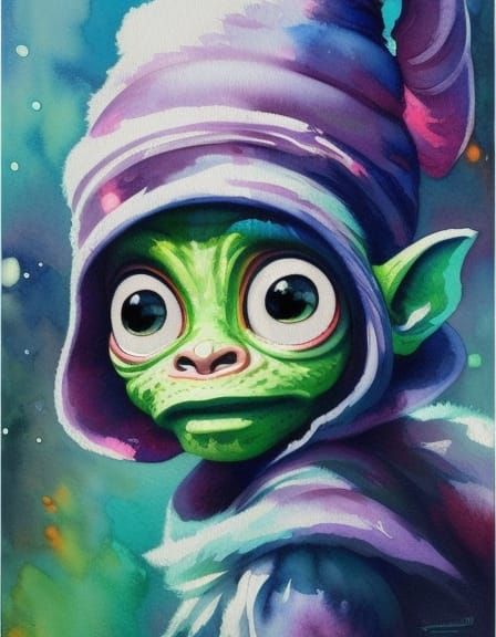 Adorable Goblin Portrait in Detailed Watercolor Style