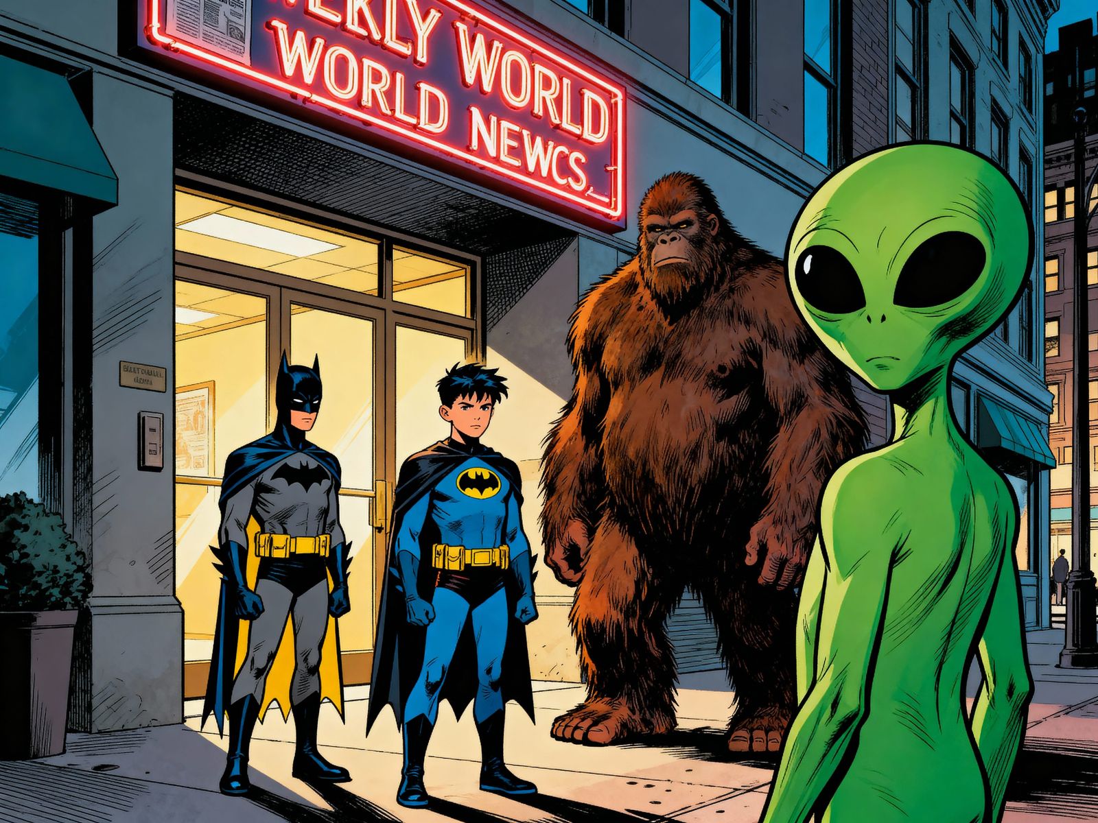 Bat-Boy, Bigfoot, and Alien Outside Weekly World News Office