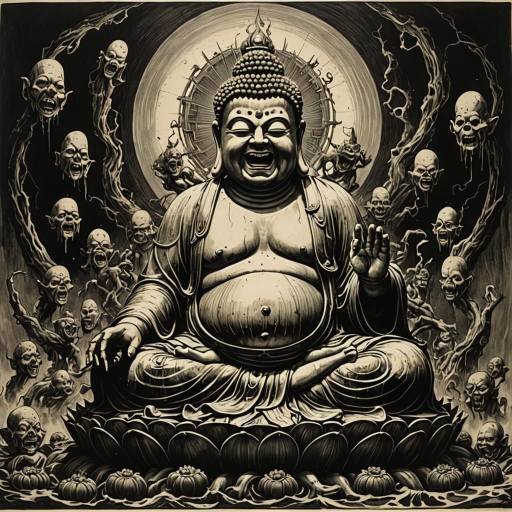 Grimdark Buddha in Contemporary Etching Style