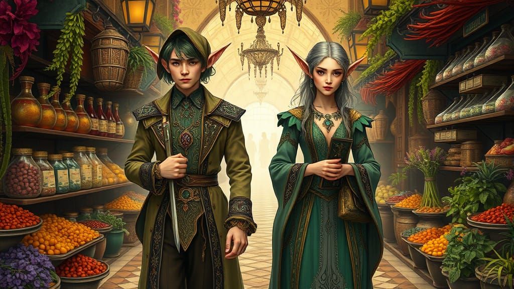 Elf Twins in Vibrant Medieval Marketplace