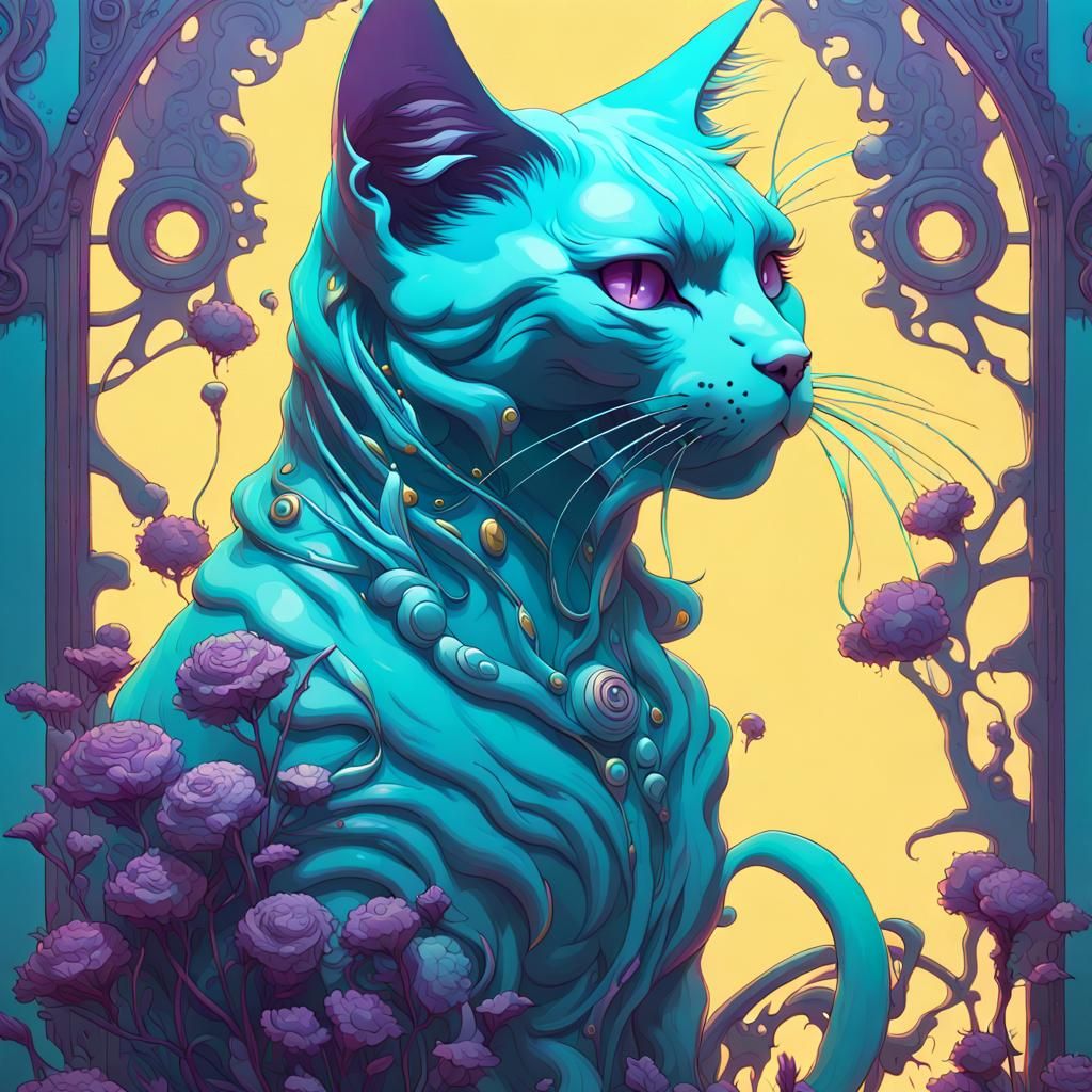 Turquoise Cat in a Dark Fantasy Style
