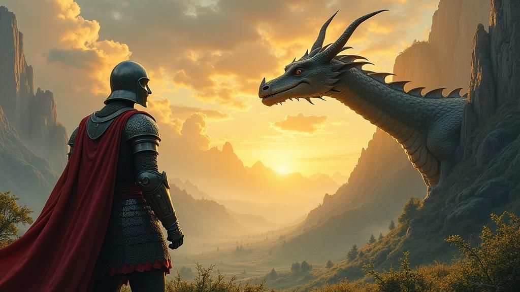 A fantasy landscape with a serious knight posing, but there’...