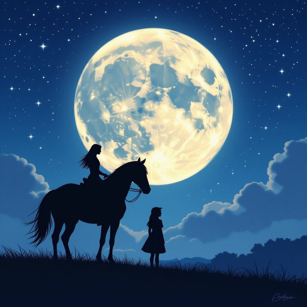Girl and Horse Silhouette Under Starry Night Sky with Full M...