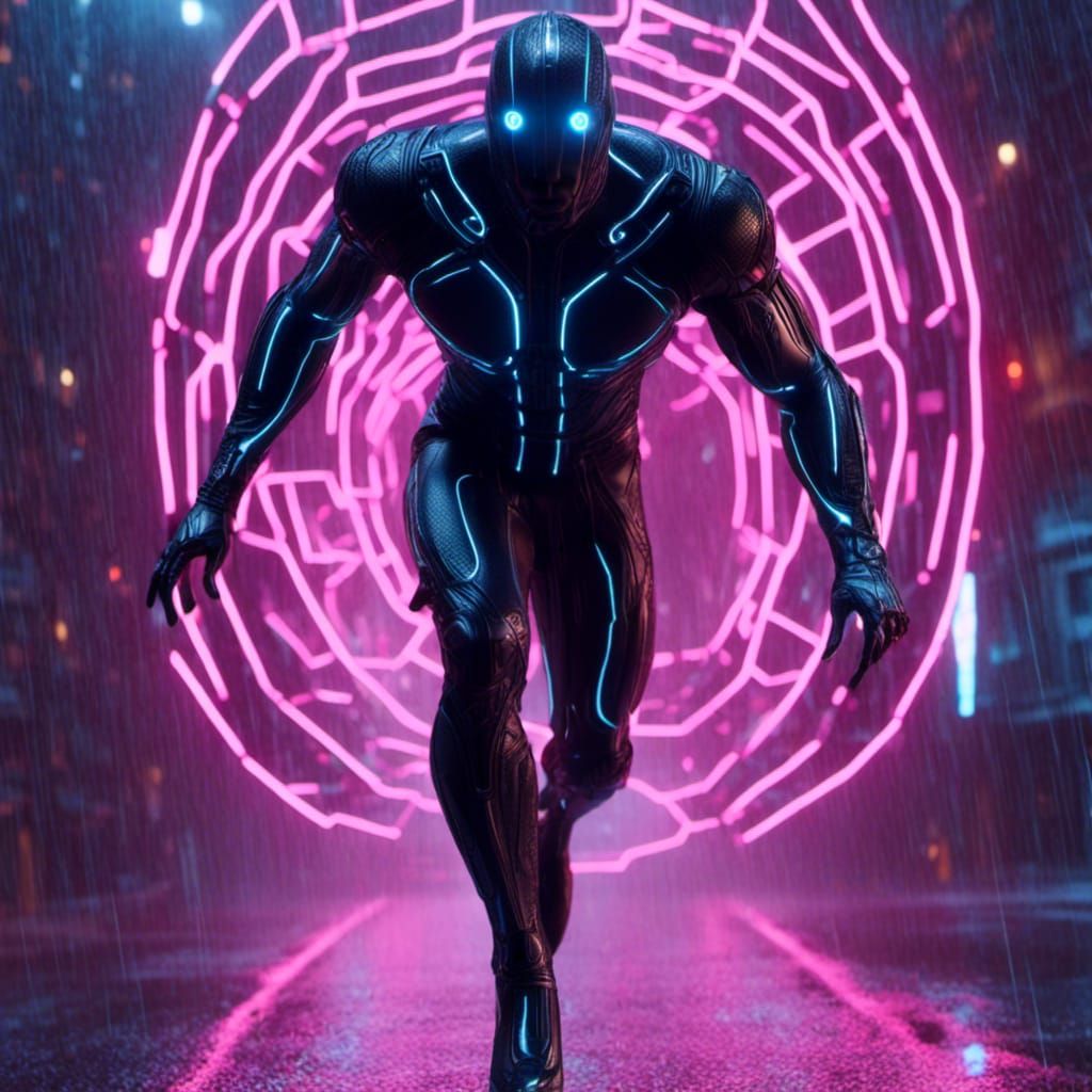 Cyberpunk Detective Pursues Armored Criminal in Neon City