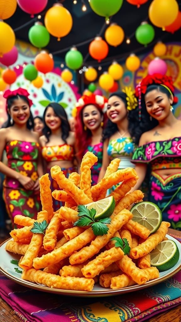 Vibrant Latin American Festival Scene with Crispy Chicharron...