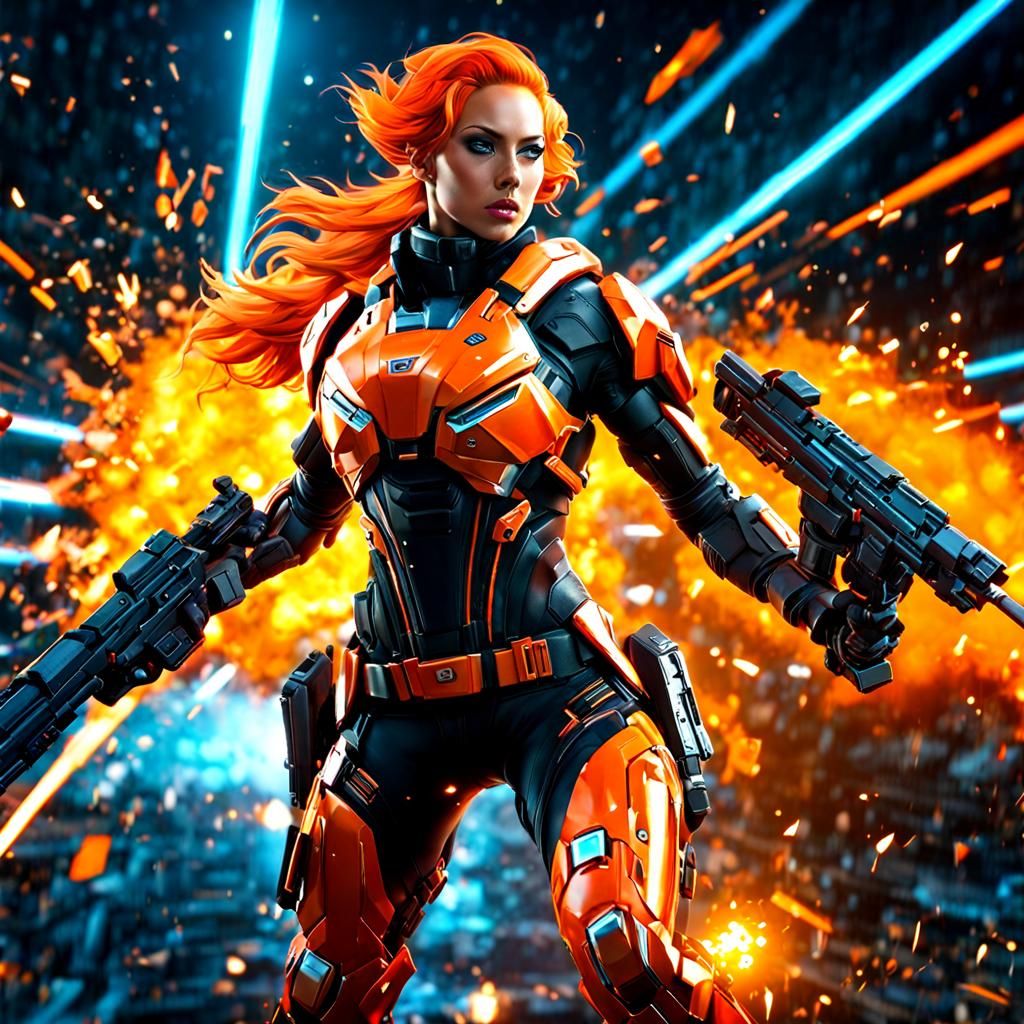 Dynamic Sci-Fi Android Soldier in Cosmic Action