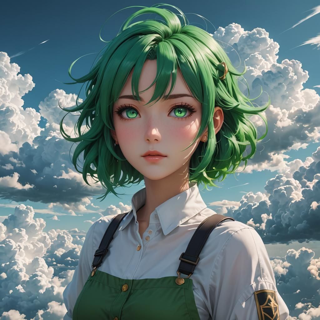 Green-Haired Girl Floating in the Clouds: Anime Art