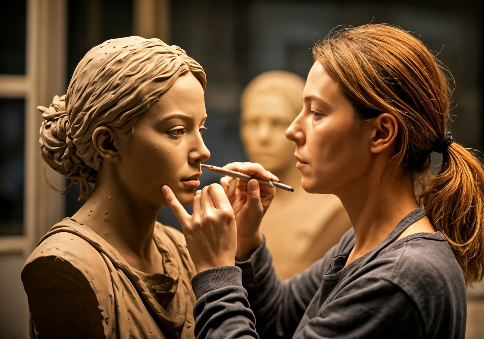 Sculpter in her studio creating a life size clay bust of herself modeling the face with her fingers majolica dynamic lig...