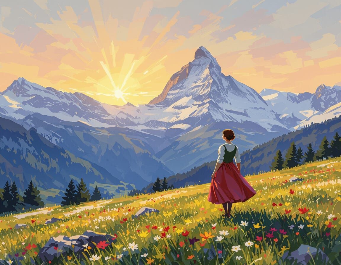 Sound of Music Alps Sunrise in Romantic Oil Painting Style