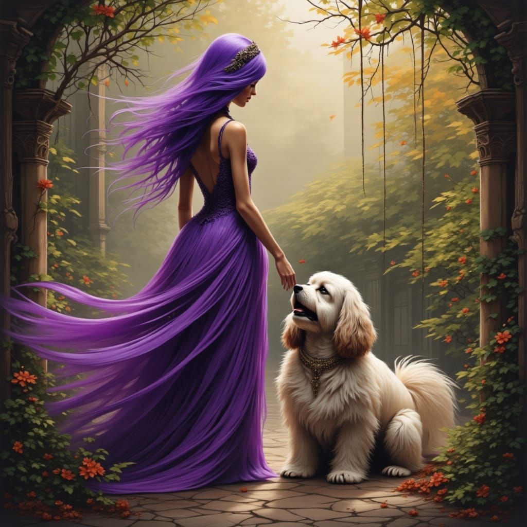 Woman in Purple with Lhasa Apso in Sunlit Garden