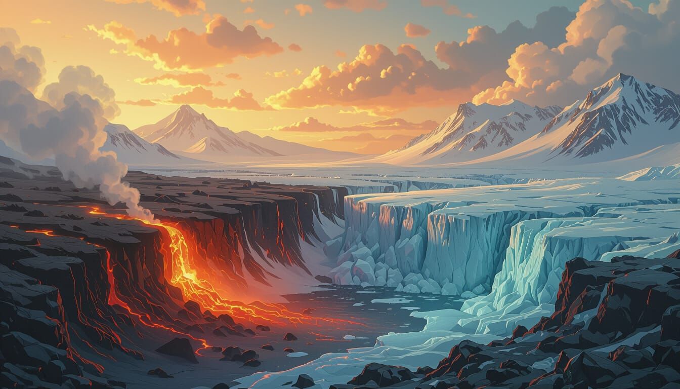 Fiery Lava Meets Icy Glaciers in Matte Painting Style