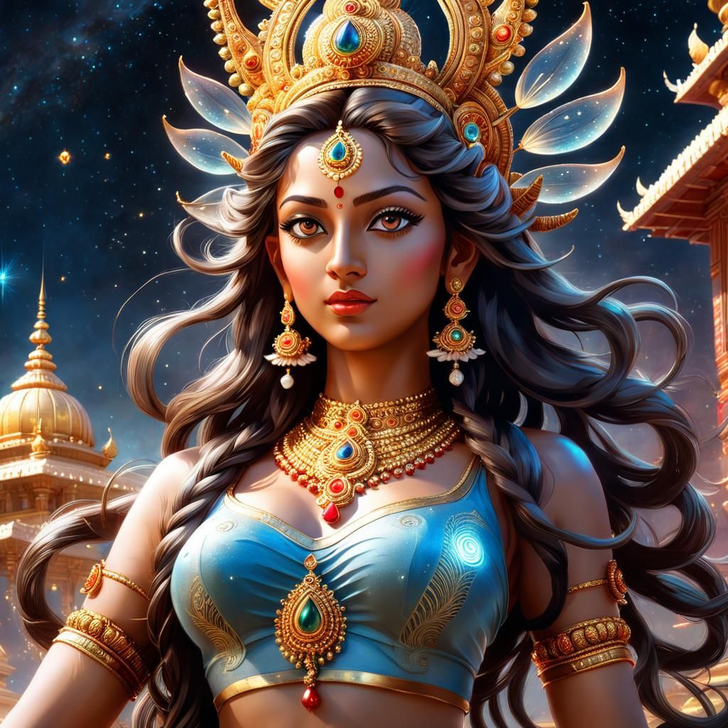 Radiant Hindu Goddess Durga Portrait in Watercolor Style