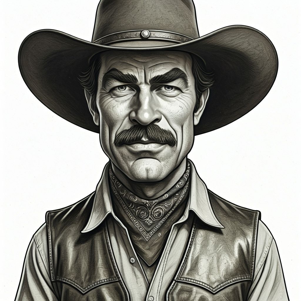 Tom Selleck Cowboy Caricature in Charcoal