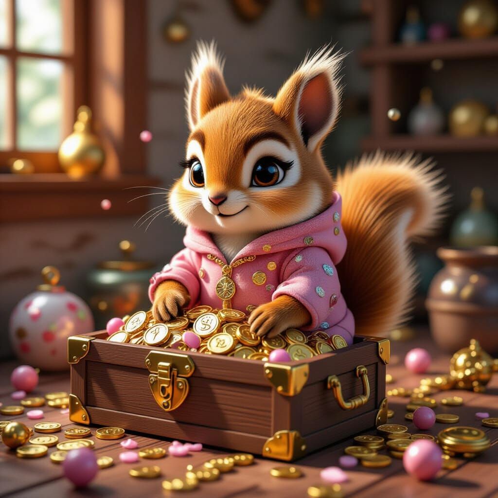 Squirrel in Gumdrop Suit Sitting in Treasure Chest