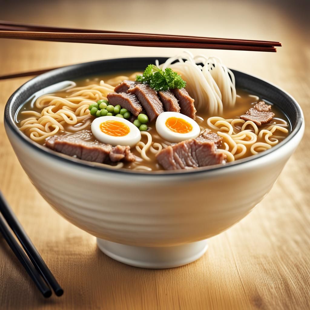 Hyperrealistic Ramen Bowl with Beef and Golden Broth