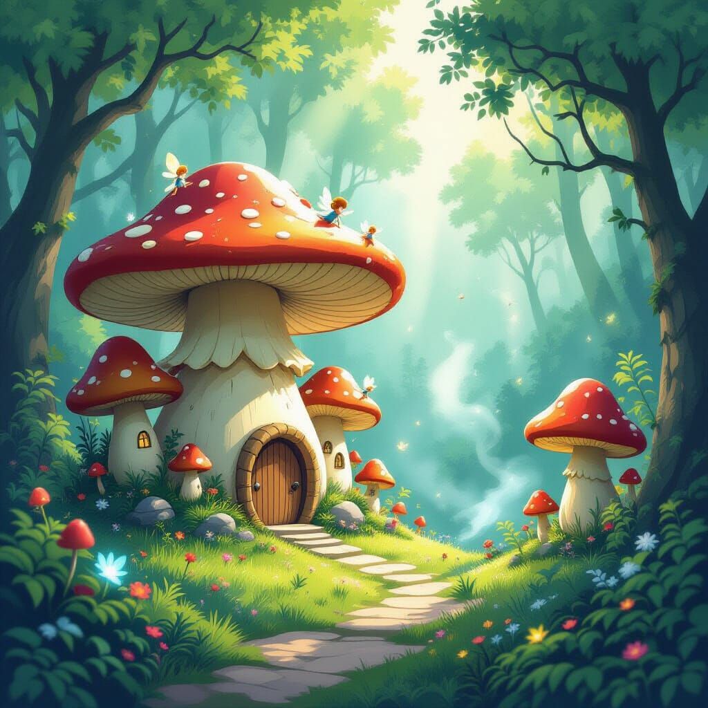 Whimsical Mushroom Village in Enchanted Forest
